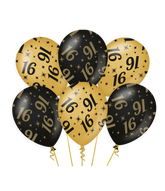 Ballonnen 16 Jaar Goud Zwart 30cm 6st